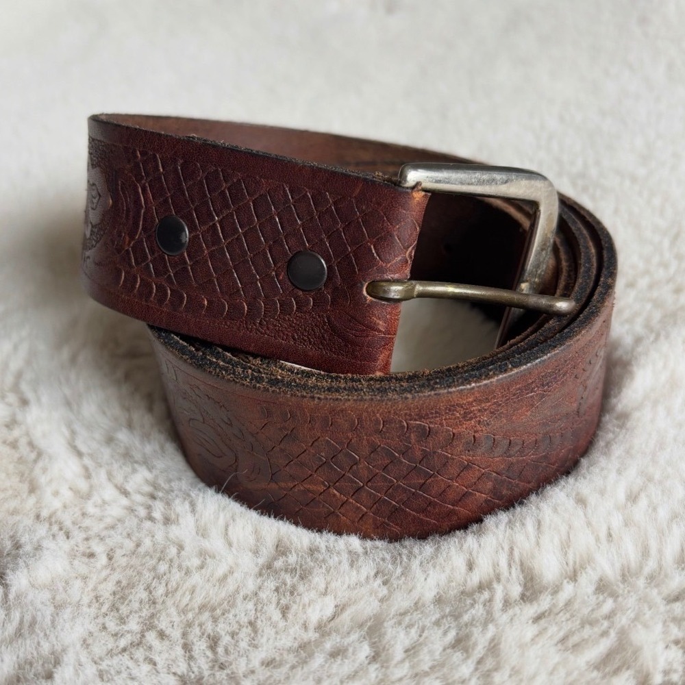 Leather Belt Mens 42 Brown Embossed Western Floral Snakeskin